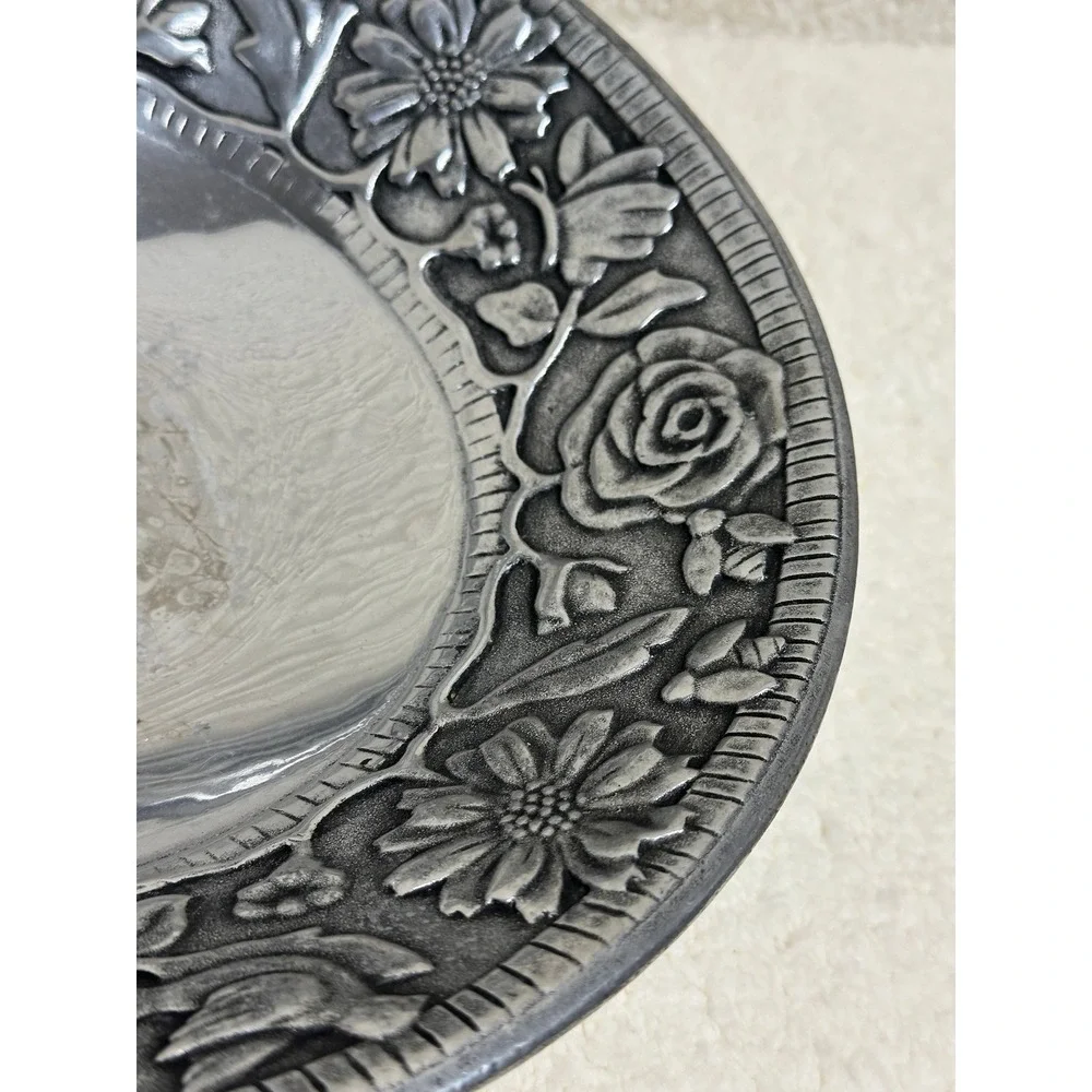 The Wilton Co. Decorative Bowl Silver Floral Embossed Pewter Style 12 Inch Round